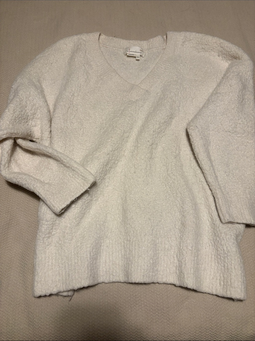 Anthropologie Cream Bouclé V-Neck Sweater